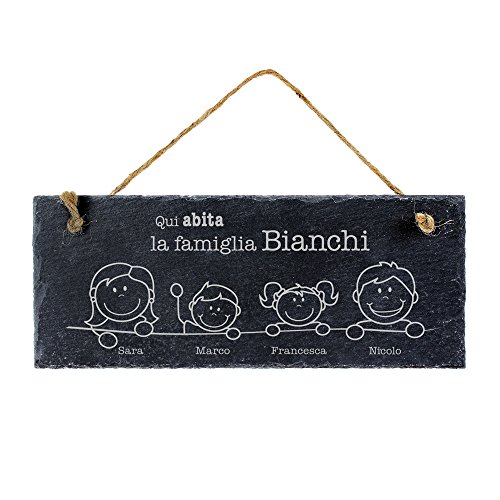 Casa Vivente Tavoletta in Ardesia Naturale con Incisione Personalizzabile con Cognome e Nomi, Targa da Parete Nucleo Familiare, Qui Abita la Famiglia