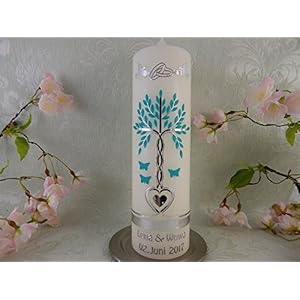 Hochzeitskerze Traukerze Lebensbaum Herz Schmetterlinge Tauben Ringe silber türkis Geschenk Kerze zur Hochzeit 250/70 mm inkl. Beschriftung