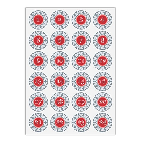 Download 5 x 24 beaux autocollants du calendrier de l'Avent avec les nombres 1 - 24 sur une couronne des feuilles, gris rouge, MAT étiquette adhésive en papier, labels, vignettes, stickers pour faire des calendriers de l'Avent, décorer des cadeaux de Noel, décoration du table, des paquets, lettres etc. (ø 45mm; 5 x 24 nombres)