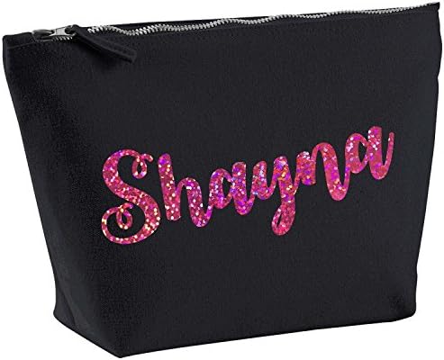 Shayna Personalised Name Cotton Canvas Black Make Up with a Holographic Pink Print Accessory Bag Wash Bag Size 14x20cm. The perfect personalised Gift for All occasion, Christmas, Birthdays,