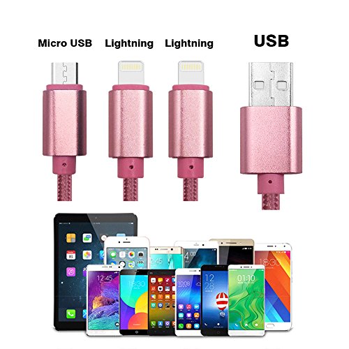 Multi USB Kabel, 3 in 1 Lightning & Micro USB Nylon geflochtenes Ladekabel mit 8 Pin Lightning / Micro USB 2.0 Anschlüsse für iPhone 6 / 6S plus / 5 / SE, iPad Air / mini, Android-Geräte(2 Lightning& 1 Micro-Rosa) - 2