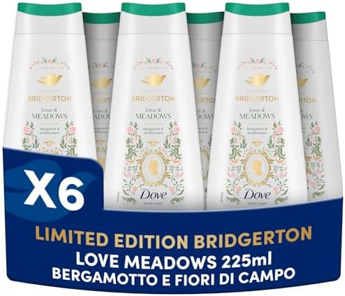 Dove Docciaschiuma Bridgerton Love & Meadows, Limited Edition, con Pro-Ceramide Technology e Agenti a Base Vegetale, Note di Bergamotto e Fiori di Campo, Senza Solfati e Parabeni, 6 Pezzi da 225ml