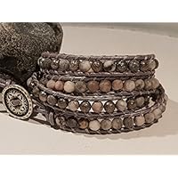 Wickelarmband 4-fach Zebrajaspis Perlen rosa/grau, silbern, Lederband