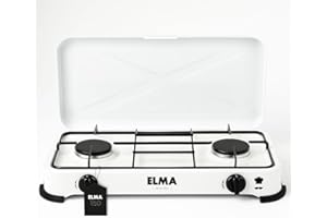 ELMA Cocina a Gas Portátil 2 Fuegos – Compacta y Ligera, Ideal para Camping, Caravanas y Uso en Casa | Compatible con Gas Butano y Propano, Incluye Instrucciones de Montaje | 58 x 28 x 5,5 cm