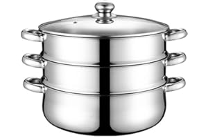 Housoutil Stainless Steel 3 Tier Steamer, 3-Layer Vegetable Steamer Pot, Induction Hob Saucepan for Vegetable Dumpling Cooking, Work with Gas, Electric, Grill Stove Top