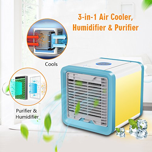 comprare on line Condizionatore Portatile Raffreddatore D'aria Evaporativo Mini 3 in 1 Dispositivo di Dell'aria Umidificatore Purificatore Ventilatore ad Aria Condizionata 7 Colori LED (bianco) prezzo