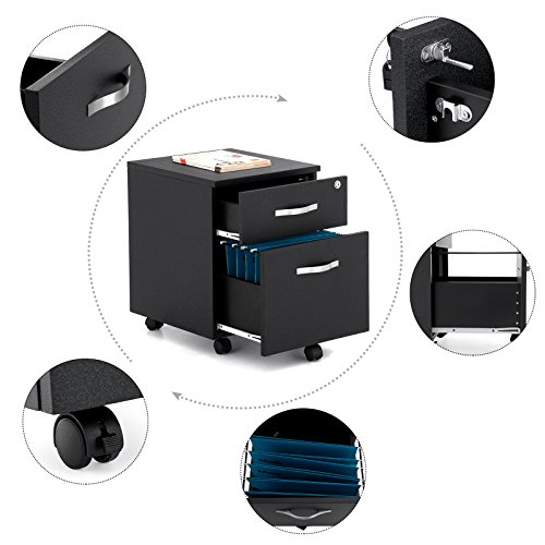 Songmics Abschließbar Rollcontainer Büroschrank mit 2 Schubladen 5 Kunststoffrollen unten schreibtisch Büromöbel schwarz 43,5 x 40 x 52,5 cm LCD25B - 4