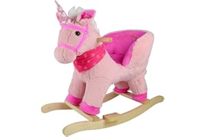 SPORT ONE Sport1 Unicorno a dondolo con suoni. Cavallo a dondolo per bambini +10 mesi in peluche e legno. Effetti sonori. Dondolo bambini 68x33x50cm. Seduta comfort con schienale integrato. Rosa. Idea regalo