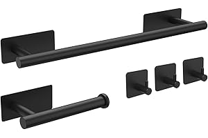 Ibergrif 5pcs Bathroom Accessories Set, Black Toilet Roll Holder, Towel Rail, Hook, Wall Mounted or Self Adhesive, No Drilling M34452B
