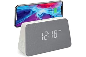 Grouptronics GTQ-RENEW Wireless Charging Alarm Clock Radio - Dimmable Display, USB Charging, FM Radio, Dual Alarms, No Tick Alarm Clock Bedside - White with Grey Cloth screen