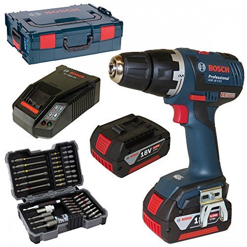 Bosch Akkuschrauber GSR 18 V-EC Dynamicseries mit 2 x 18V Akkus 4,0Ah und Ladegerät AL1860CV in L-Boxx Gr. 2/136 - BÜRSTENLOS + Bitsortiment 43 tlg.