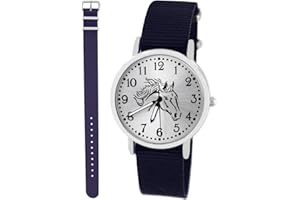 Pacific Time Kinder Armbanduhr Mädchen Junge Pferd Kinderuhr Pferdemotiv Set 2 Textil Armband dunkel blau + EIN weiteres wie in Auswahl abgebildet analog Quarz