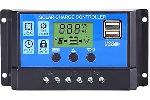 Villageboom Regulador de Carga Solar 12V/24V, Cargador Con Panel y Batería, Controlador Inteligente Con Puerto USB Dual 5V LCD (10A)