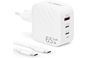 AIYEEN Caricabatterie USB C GaN da 65 W, alimentatore USB-C Caricatore PD 3.0 a 3 porte, alimentatore compatibile con MacBook Galaxy iPhone 15 iPad Pixel Dell, dotato di cavo di ricarica rapida da 1 m 60 W