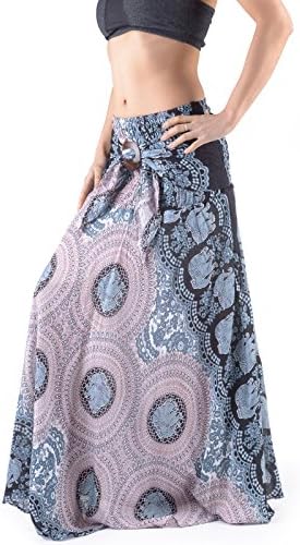 Hippie Gipsy 2 in 1 Skirt / Dress Elephant Honey Comb Print | Ladies Hippie dress | Womens Thai Summer dress | Holiday &amp; Festival Dress Long Skirt for Women (UK 8 to 14, Grey)