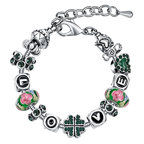 MANBARA multicolor pulsera con Trébol de cuatro hojas con Cuentas de vidrio de cristal Brazalete del amor 500BF (Verde oscuro)