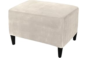 HOMECOVER Copri Pouf Rettangolare, Elasticizzato Copri Poggiapiedi Velluto Copertura Dell'Ottomano Rimovibile Antiscivolo Copri Ottomano Con Fondo Elastico-bianco crema-Large