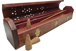 Aromasenses - Bruciatore di incenso - Portincenso Baul Mano di Fatima Legno intagliato Raccoglitore di ceneri | Bruciatore a coni integrato 30,5 x 5,7 x 6,7 cm (Mano de Fatima)