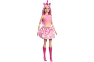 Barbie - Bambola sirene e unicorni, con capelli fanstasia e cerchietto, corpetto ispirato alle conchiglie e gonna colorata, stivali inclusi, giocattolo per bambini, 3+ anni, HRR13