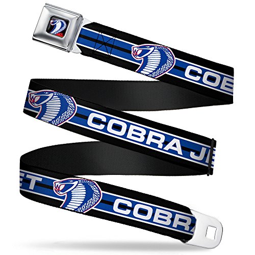 Buckle Down Men's Seatbelt Belt Mustang Kids Jet/Cobra Head Stripe Black/White/Blue, 1.0" Wide, 20/36" Long