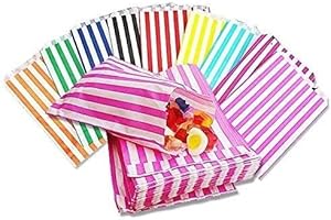 QTPACK 5" x 7" 50pcs All 10 Colours Mixed Assorted | Candy Striped Sweet Paper Bags | Wedding Buffet Favour Cake Gift Pick n Mix Shop