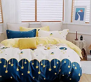 BhaiJi BedSheet Soft Glace Cotton Modern 180 TC Kids Cartoon Print Bed Sheet Double Bed Birthday - Blue Moon Star Print, Standard