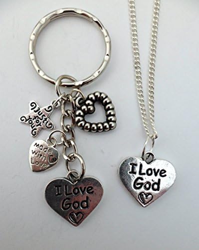 SILVER NECKLACE &amp; KEYRING SET I Love God Heart Pendant