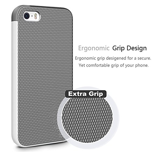 iPhone SE Case, 3 Color Hybrid Dual Layer Shockproof Case [Extra Front Raised Lip] Soft TPU & Hard PC Bumper Protective Case Cover for iPhone SE/5/5S [Light Grey]