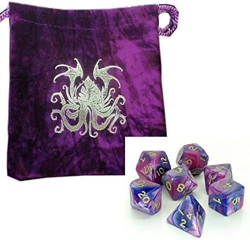 RPG Poly Dice set in Cthulhu dice bag - oblivion, toxic, gem, marble, pearl and more (Toxic Pink Blue)