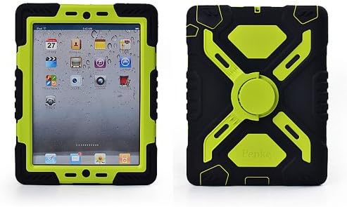 Hot Newest Ipad 2/3/4 Case Silicone Plastic Kid Proof Extreme Duty Dual Protective Back Cover with Kickstand and Sticker for Ipad 4/3/2 - Rainproof Sandproof Dust-proof Shockproof (Black/Green)