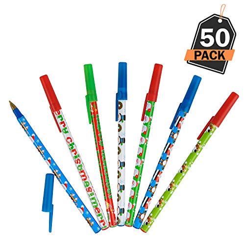 Kompanion 50 Bolígrafos de Navidad - Boli para Regalo - Accesorio de Papelería Navideño- Articulo para Relleno de Bolistas o Favor de Fiesta de Oficina y Colegio - Lapicero para Escritorio o Bolso