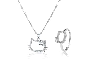 NHPY 2 Stück Hello Kitty Kette, Schmuck Set, Set Ring Und Kette Für Hallo Kitty, Diamant Katze Halskette,Kawaii Bogen Kätzchen Anhänger Halskette,Jewelry, Geschenke Für Mädchen