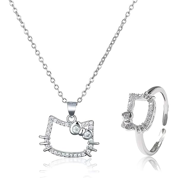 Set Di 2 Gioielli Con Gatto: Collana E Anello Con Zirconi - Regalo Carino Per Ragazze E Adolescenti