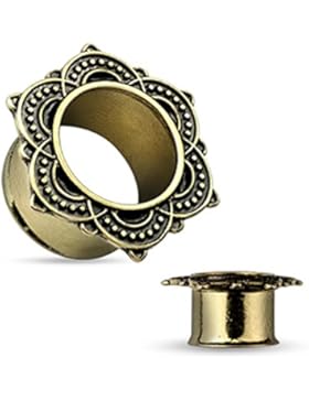 Paula & Fritz® Tunnel Flared aus Edelstahl Chirurgenstahl 316L altgolden Motiv Rose von Sharon 5mm – 16mm PSA13