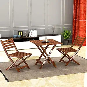 Fine Wood Hub Solid Sheesham Wood Foldable Patio Dining Set for Balcony Garden Outdoor | Folding Table & Chair | Square Table & 2 Chairs | 2 Seater Dining Table Set (Large, Honey Teak Finish)