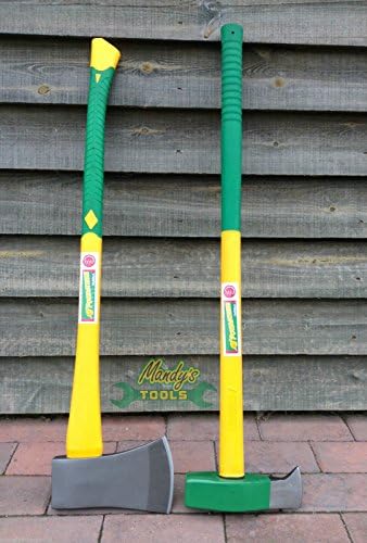 2pc GREEN Axe Maul Set: 3kg Log Splitter &amp; 5lb Axe FIBREGLASS GREEN Grip Handles