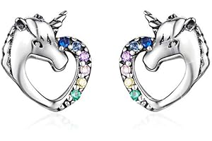 MengCat Unicorn earrings for girls,Heart Shape 925 Sterling Silver Rainbow Cubic Zirconia Screwback Earrings Gift for Her, Women, Girl