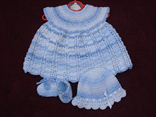 Hand Crochet Dress, Bootees and Hat, Bonnet, in Pale Blue and White age 3 Months Plus