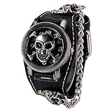 Mode Cool Punk Stil Schädel Clamshell Niet Weite Armbanduhr Cuff Uhr Manschette Uhr Arabische Ziffern Armbanduhren für Herren Damen, Schwarz