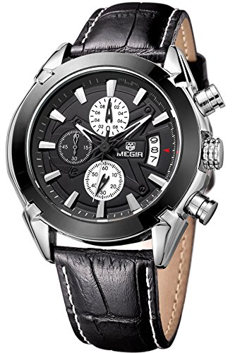 Megir Herrenuhr Chronograph Sport Outdoor Militr Pilot Multifunktion Schwarz Brown Leder Armbanduhr Analog Quarzuhr Megir Herrenuhr Chronograph Sport Outdoor Militr Pilot Multifunktion Schwarz Brown Leder Armbanduhr Analog Quarzuhr