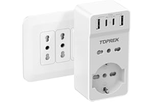 TOPREK Presa Multipla USB Salvaspazio con 10A/16A, Spina Italiana, 6 in 1 Adattatore Multipresa Elettrica da Muro con 1 Schuko & 1 Prese IT & 2 USB C & 2 USB A, 4000W Presa per Ufficio Casa Viaggio