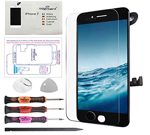Trop Saint® Vetro Schermo per iPhone 7 Nero Ricambio Completo LCD Display - con Pellicola protetiva, Tapetto Magnetico, Istruzioni e Attrezzi