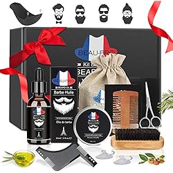 Kit de Soins de Barbe, Kit Soin Barbe 9 pièces Cadeau Idéal pour homme par BEAU-PRO, Huile à barbe naturel, Baume, Peigne à Barbe, ciseaux à acier inoxydable, Barbe peigne et brosse, Tablier de rasage