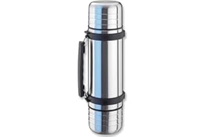 Isosteel VA-9562DQ 1.0 L Duo Vacuum-Insulated Flask with Quickstop Single-Hand Pouring System and 2 Screw-Off Drinking Cups, 18/8 Stainless Steel