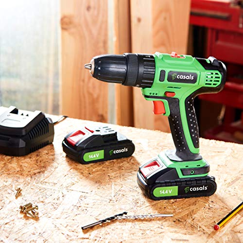 Casals VNPLI14M-2 - Taladro percutor con batería de litio de 14.4 V (1,5 A-h, 1.500 rpm, 28 N-m, con batería adicional y maletín) color verde y negro