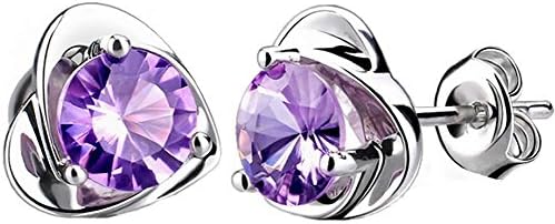 Women Fashion Flexible Heart Shaped Amethyst Crystal Stud Earring Hypoallegic Silver Plated