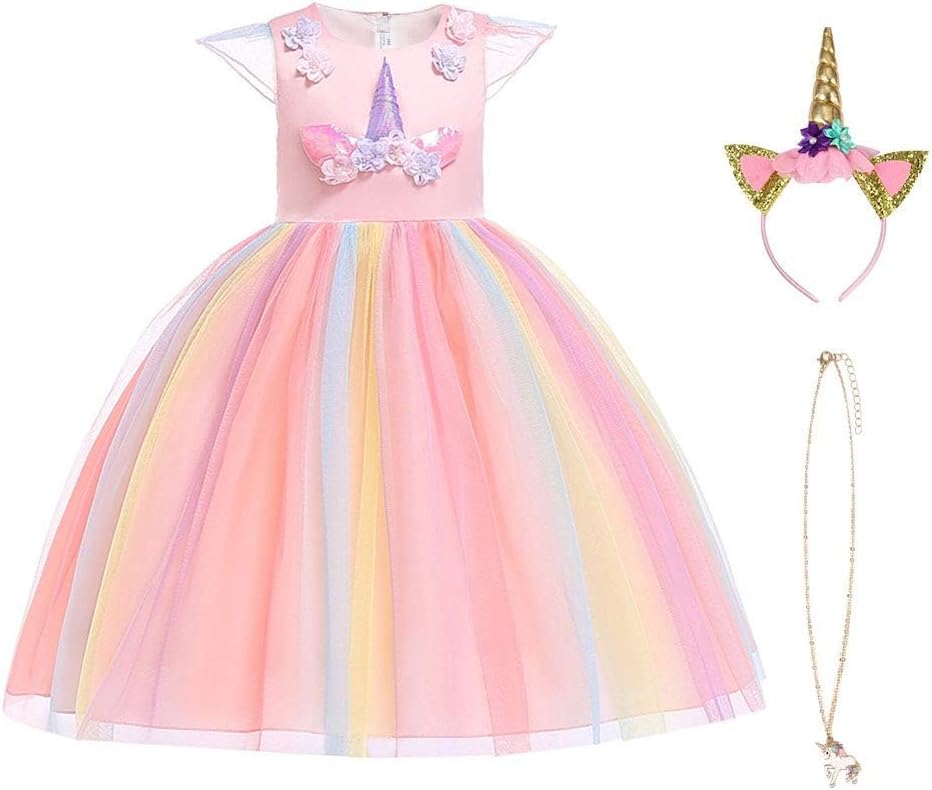 URAQT Disfraz Unicornio Niña, 3pcs Vestido Princesa con Diadema y Collar para Diario, Cosplay, Halloween, Carnaval, Fiesta, Boda, Cumpleaños