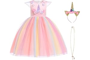 URAQT Mädchen Prinzessin Kleid, Mädchen Einhorn Cosplay Karneval Verkleidung Party Hochzeit Prinzessin Kleid mit Halskette und Stirnband, 110CM, Rosa&Gelb