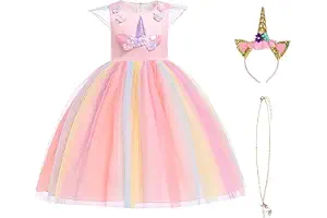 URAQT Disfraz Unicornio Niña, 3pcs Vestido Princesa con Diadema y Collar para Diario, Cosplay, Halloween, Carnaval, Fiesta, Boda, Cumpleaños