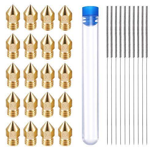 Ruesious 20PCS Ugello Estrusore Stampante 3D MK8 Extruder Ugelli 0.4mm con 10PCS Pulizia Aghi Ugelli in acciaio inossidabile per Makerbot Creality CR-10